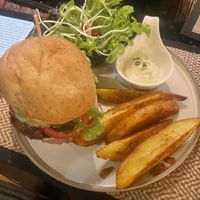 Mushroom burger with curry chips  at Reform Kafe in Chiang Mai