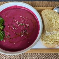 Beet Gazpacho with garlic bread at Reform Kafe in Chiang Mai