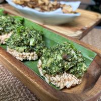 rice cakes with pesto and mushroom   at Reform Kafe in Chiang Mai