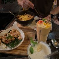 Spicy tofu, khao soi, mango lassi and Gour seasons smoothie   at Reform Kafe in Chiang Mai