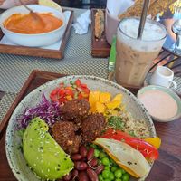 Felafal salad, tomato soup and thai iced coffee at Reform Kafe in Chiang Mai