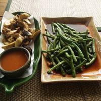 Fried mushroom and garlic green beans at Reform Kafe in Chiang Mai