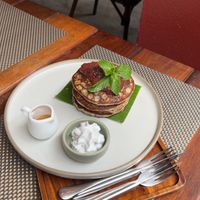 black sesame pancakes with strawberry jam  at Reform Kafe in Chiang Mai