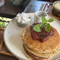 black sesame and strawberry pancakes 10/10 so perfect and GF i can’t believe it✨🙌🏻  at Reform Kafe in Chiang Mai
