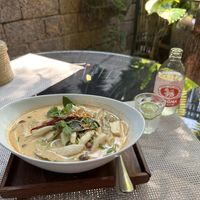 Mushroom dumplings in tom yum soup  at Reform Kafe in Chiang Mai