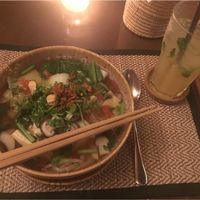 Noodle soup with vegetables and a lime soda  at Reform Kafe in Chiang Mai