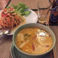 Papaya salad and Tom yum soup at Reform Kafe in Chiang Mai