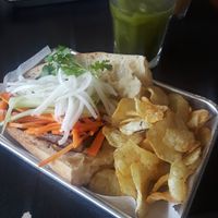 Tofu Bahn Mi with Matcha Lemonade. The pickled vegetables on the Bahn Mi are SO GOOD. at The Local Moose Cafe in Manchester