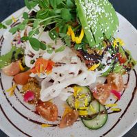 Tempeh & rainbow salad with crispy rice noodles  at Sozo Cafe in Tweed Heads South