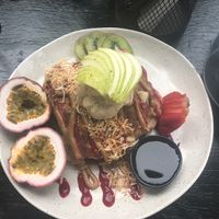 Vegan pancakes- yum!!!! amazing!  at Sozo Cafe in Tweed Heads South