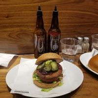 Vegan Special - tofu patty with red pepper and orange chutney and avocado. Pickles were an extra euro. at Bacoa - San Jeronimo in Madrid