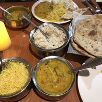 Yellow dal, saffron rice, coconut rice, roti (all vegan per menu and confirmed with staff)  at Ambrosia India Bistro in Scotts Valley