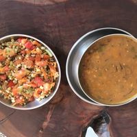 sprouts salad and vegan lentil soup! yum!  at Depth N Green in Mysore