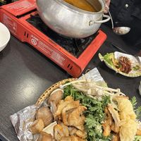 Tom yum hot pot - the broth is sweet and a tiny bit spicy. They give you an assortment of mock meats (fishy tasting), tofu, cabbage, greens, and mushrooms. Noodles too.  at Dai Bi Chay in Mississauga