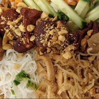 Mock beef, spring rolls and mock pork floss vermicelli bun at Dai Bi Chay in Mississauga