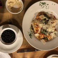 Pasta marinara (vegetarian not vegan) and a side of vegan lime smoked black beans  at The Rock Inn Mountain Tavern in Estes Park