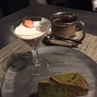 Desserts - carob matcha cake and strawberry bavarois w amazake (starting point of sake) at Vegetus in Kamakura
