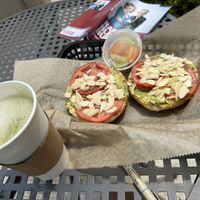 Avocado bagel & matcha latte  at Cafe Sol in Grand Junction