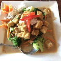 Panang curry with tofu, coconut milk and peanut sauce, green beans, carrots, broccoli, kafir lime leave.  at Calistoga Thai Kitchen in Calistoga