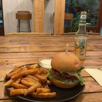 Beetroot burger, Belgian fries at Chutnej in Vinohrady