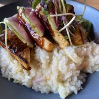 Tofu over jasmine rice in curry broth- delicious   at Roots in Rutland