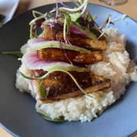 Tofu over jasmine rice in curry broth- delicious   at Roots in Rutland