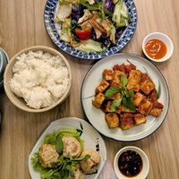 Quang noodles, tofu with tomato sauce, fried taro balls at Yen Nha Hang Chay & Yoga in Nha Trang