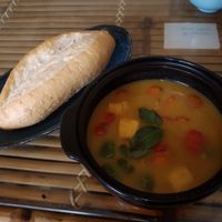 Fruit curry (green and red pepper, carrot, potato and sweet potato) served with bred or rice at Yen Nha Hang Chay & Yoga in Nha Trang