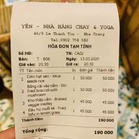 The bill - very cheap for the quality of the food (and free iced jasmine tea on entry)  at Yen Nha Hang Chay & Yoga in Nha Trang