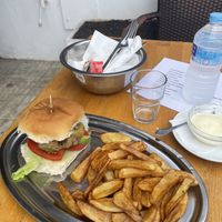 Lentil burger and chips  at Cafe Bonjour in Lanzarote