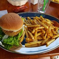 Lentil burger + chips  at Cafe Bonjour in Lanzarote