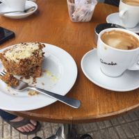 Carrot cake (mmmm) and coffee with soy milk  at Cafe Bonjour in Lanzarote