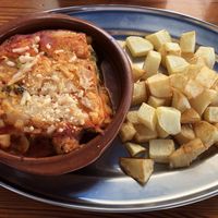 Vegan lasagna & chips at Cafe Bonjour in Lanzarote