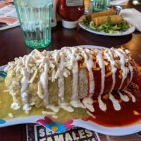 Wet burrito with green and red sauce. Green = HOT at Pancho's Vegan Cantina in Las Vegas