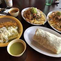 Verde Enchiladas, Two Supreme Fries (Small), and a Classic Burrito with Salsa Verde and Roja  at Pancho's Vegan Cantina in Las Vegas
