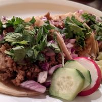 Taco plate with carne asada at Pancho's Vegan Cantina in Las Vegas