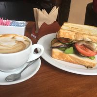 Vegan sandwich and soy milk latte at Cafe Tostado in Punta Arenas