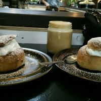 Swedish vegan fastlagsbulle (also called semla) ?It's a delicious wheat bun with cream and almond paste filling. This was yum!  at Ladan in Malmo