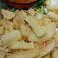 Bean burger with mayo swapped for ketchup, and chips at Hooked in Glasgow