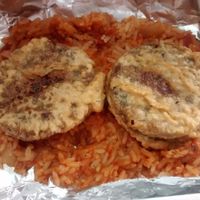 Battered vegetarian haggis and Spanish rice at Hooked in Glasgow
