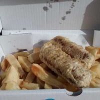 Battered veggie sausage and chips at Hooked in Glasgow