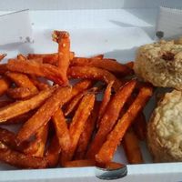 Batttered veggie haggis and sweet potato fries at Hooked in Glasgow