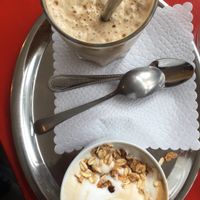 Cold coffee and a honey with oats hot latte at KaffeeKlatsch in Davos Platz