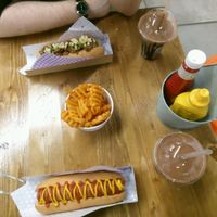 The 'Plain Jane' and 'What the Duck' dogs with chocolate nice shakes and waffle fries  at Not Dogs in Birmingham