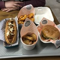 Tikka dog, waffle fries, nuggets and a burger. A filling pit stop for two.  at Not Dogs in Birmingham