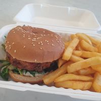 Vegan burger and chips at Lake Mountain Resort Cafe in Marysville