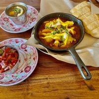 Lentil soup, salad , and sizzling vegan shakshuka   at Casablanca Sandwicherie - 카사블랑카 샌드위치 in Seoul