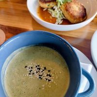Brocccoli soup and crab cakes at Lila in Sarasota