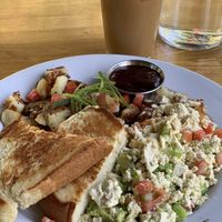 Avocado Scramble (with tofu), and iced coffee with oat milk  at Orphan Breakfast House in Sacramento