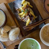 Vegan potage soup, bread, soy matcha late, soy caramel latte, and caramelized sweet potato and apple.  at Chamise Cafe and Space in Nagano